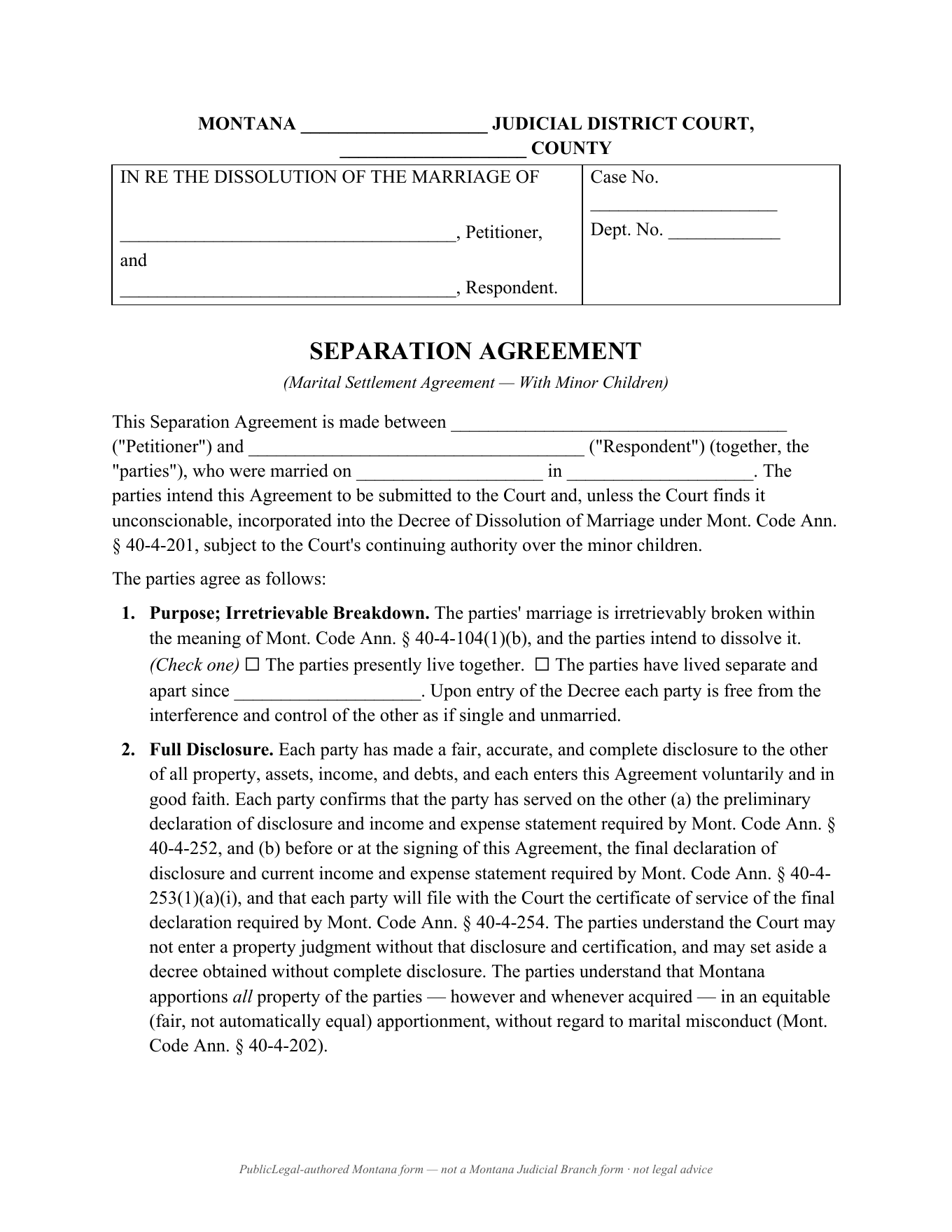 Page 1 of the PublicLegal-authored Montana Marital Settlement Agreement (With Minor Children) included in the download