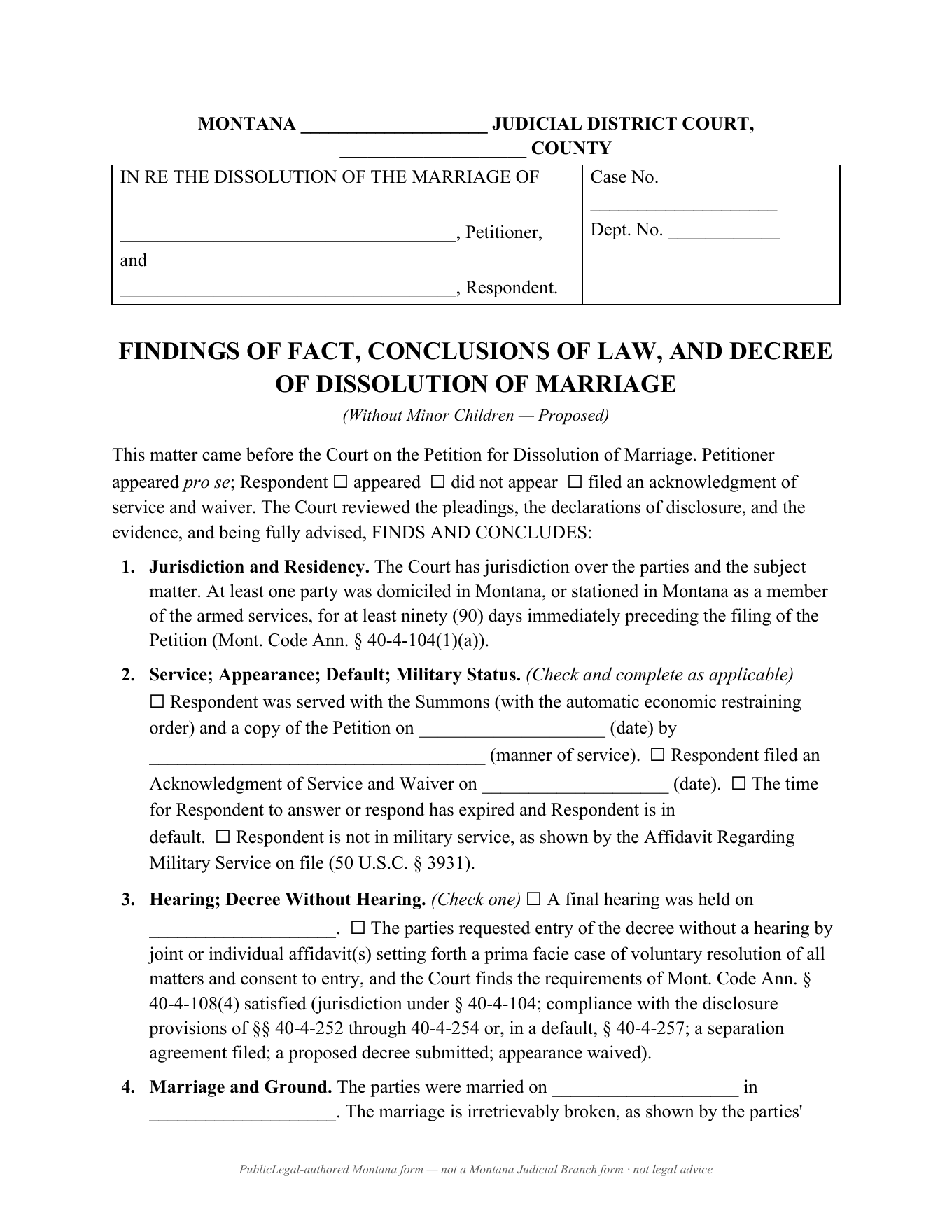 Page 1 of the PublicLegal-authored Montana proposed Decree of Dissolution (Without Minor Children) included in the download