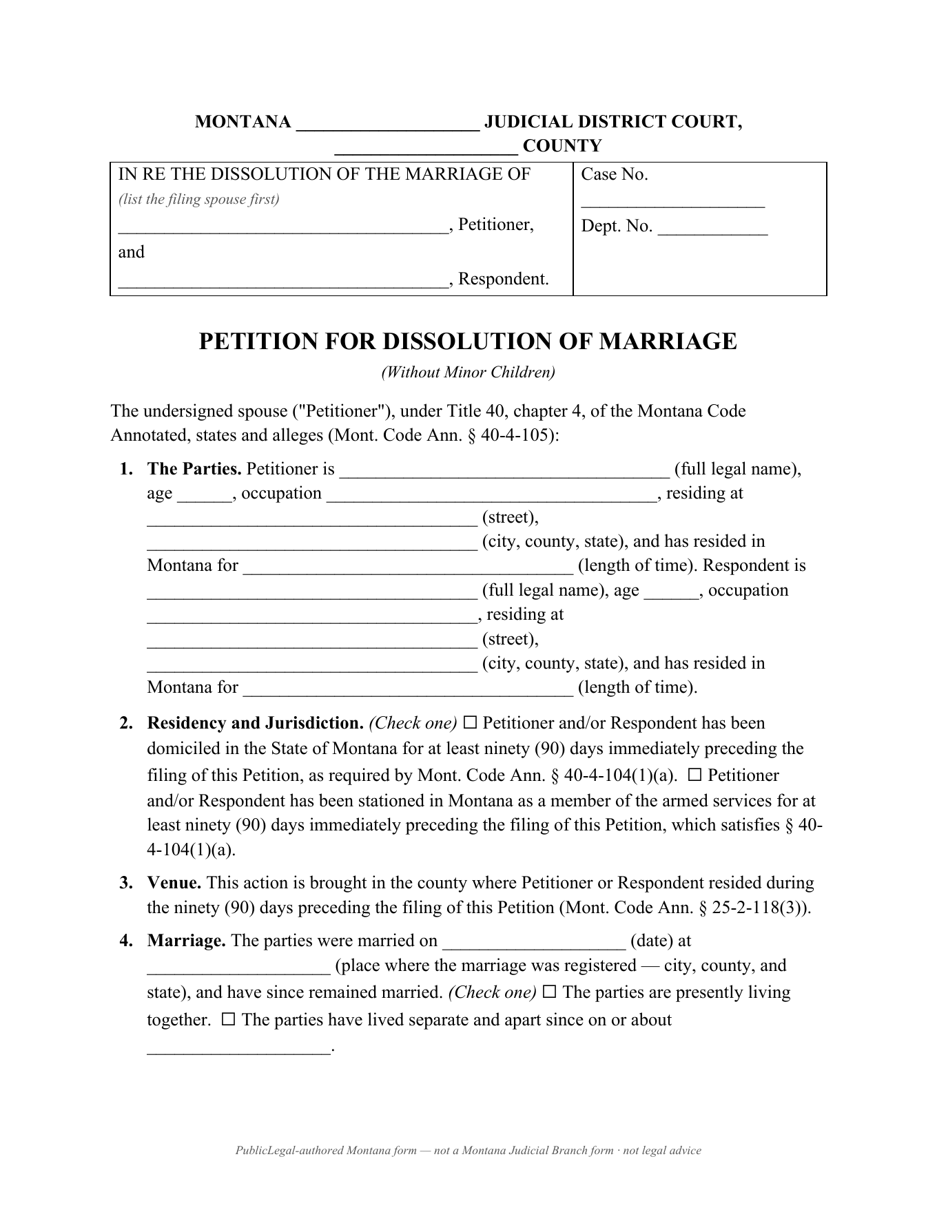 Page 1 of the PublicLegal-authored Montana Petition for Dissolution of Marriage (Without Minor Children) included in the download