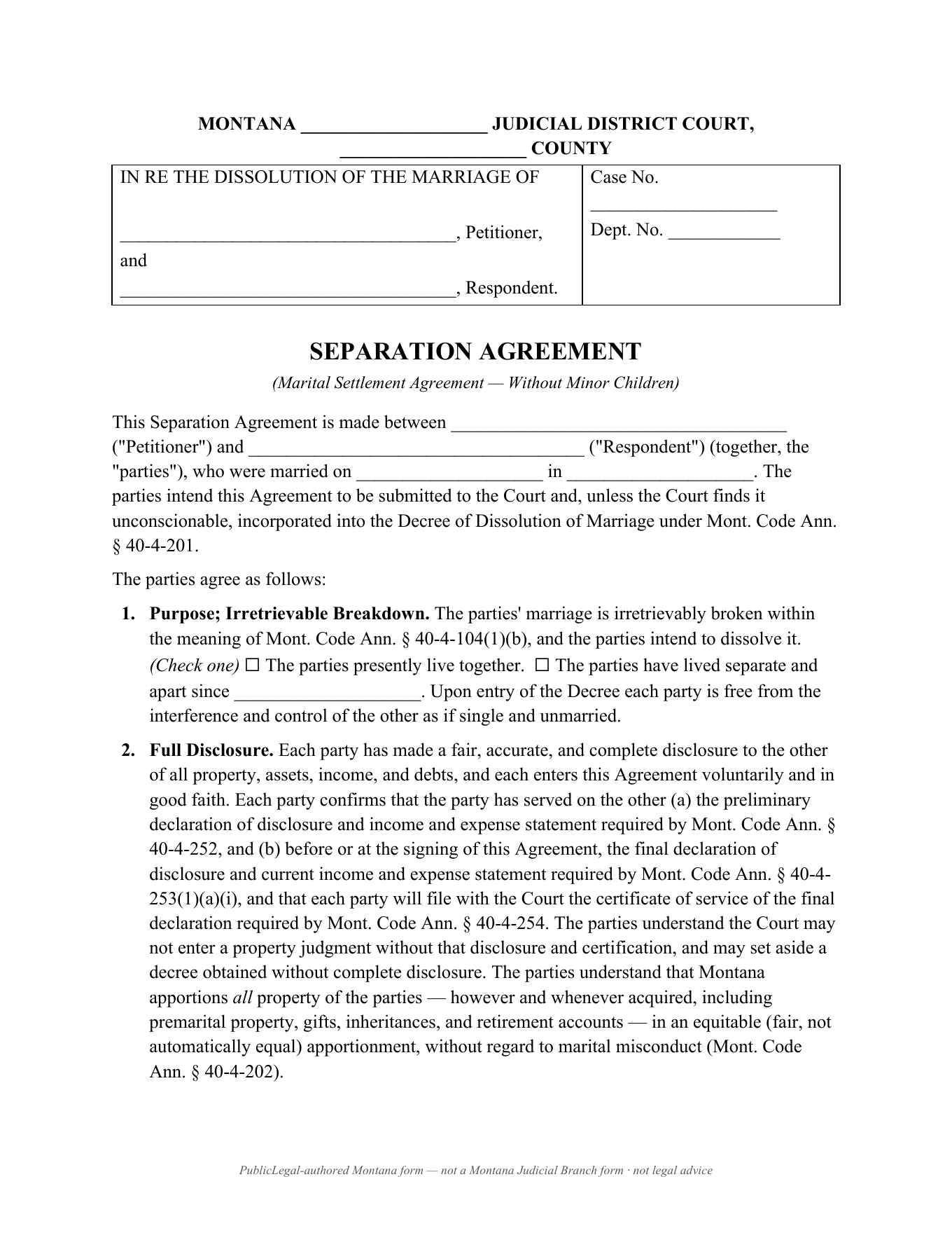Page 1 of the PublicLegal-authored Montana Marital Settlement Agreement (Without Minor Children) included in the download