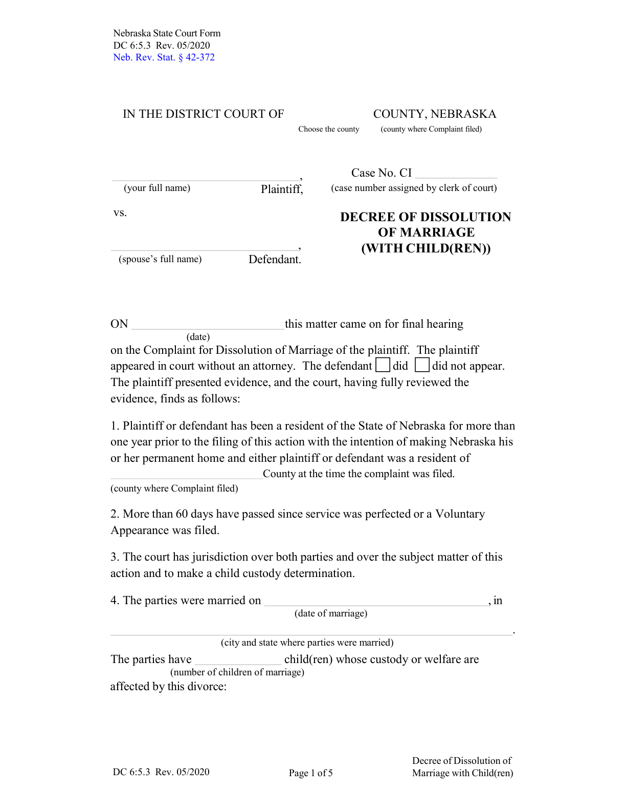 Page 1 of the official Nebraska Decree of Dissolution of Marriage (With Children, Form DC 6:5.3) included in the download
