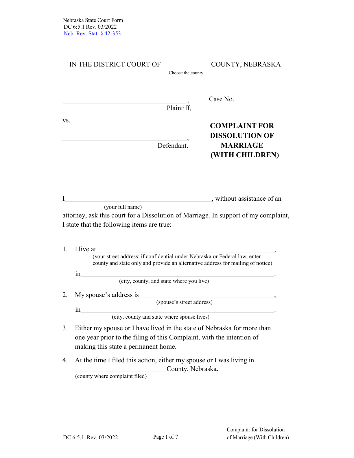 Page 1 of the official Nebraska Complaint for Dissolution of Marriage (With Children, Form DC 6:5.1) included in the download