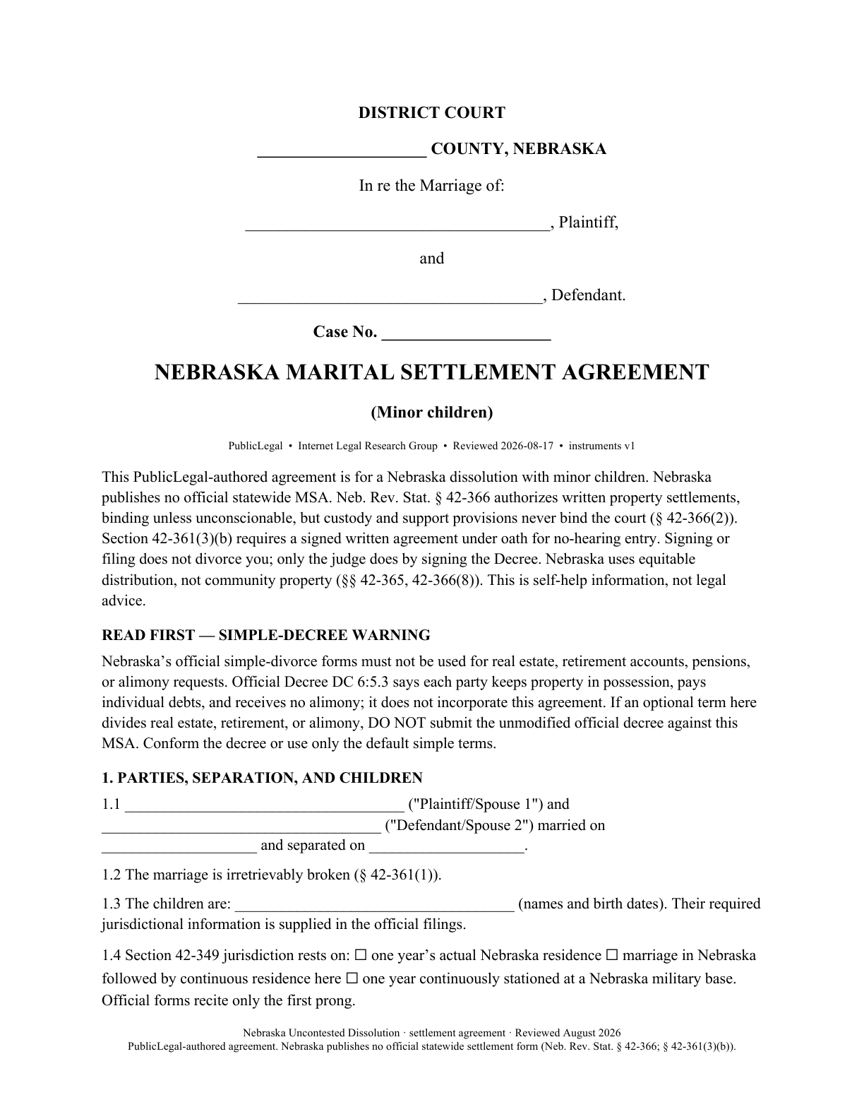 Page 1 of the PublicLegal-authored Nebraska Marital Settlement Agreement (minor children) included in the download