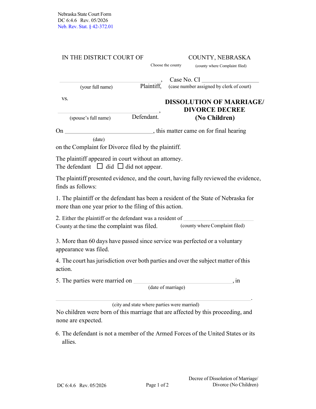 Page 1 of the official Nebraska Decree of Dissolution of Marriage (No Children, Form DC 6:4.6) included in the download