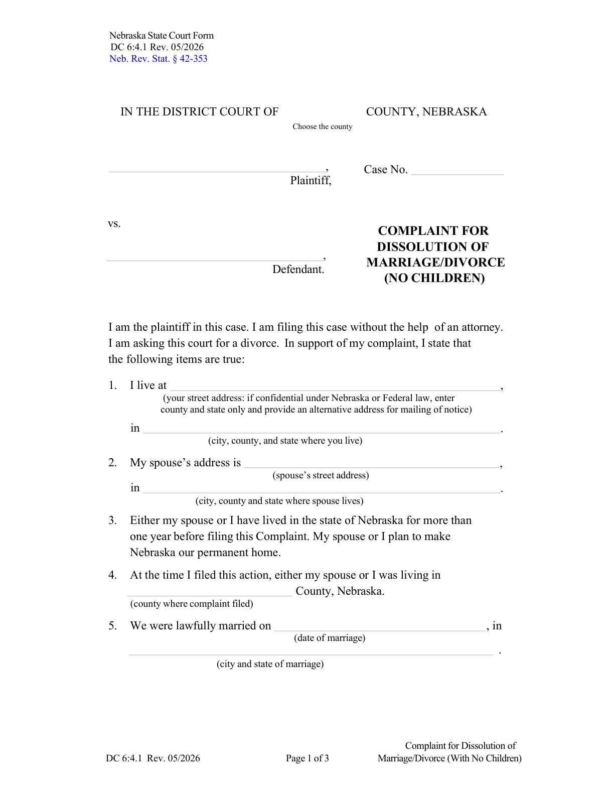 Page 1 of the official Nebraska Complaint for Dissolution of Marriage (No Children, Form DC 6:4.1) included in the download