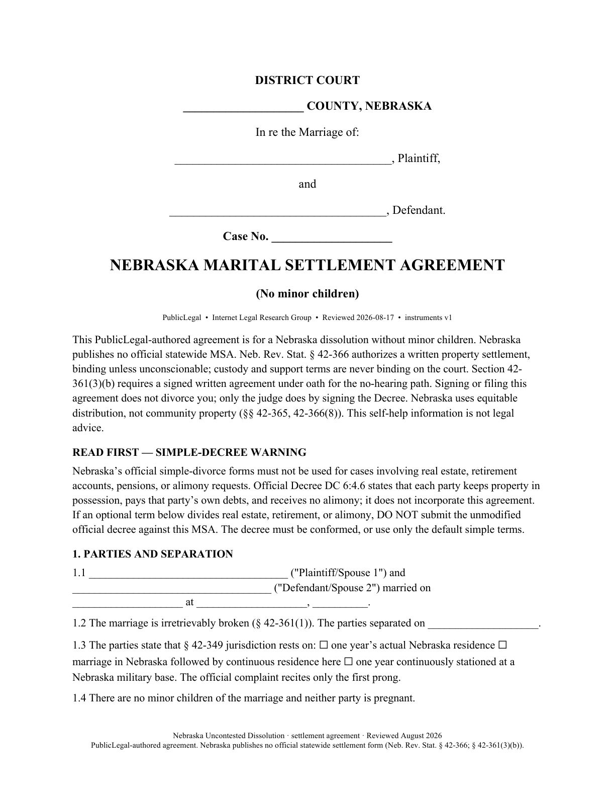 Page 1 of the PublicLegal-authored Nebraska Marital Settlement Agreement (no children) included in the download