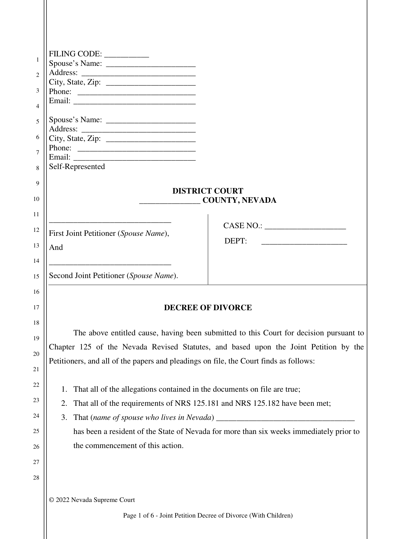Page 1 of the official Nevada Joint Petition Divorce Decree (With Children) included in the download
