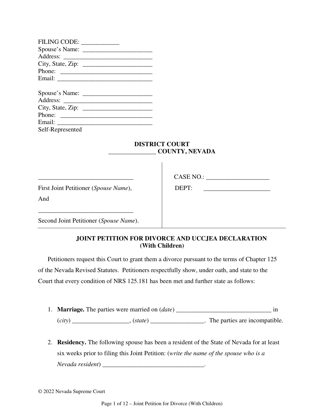 Page 1 of the official Nevada Joint Petition for Divorce (With Children) included in the download