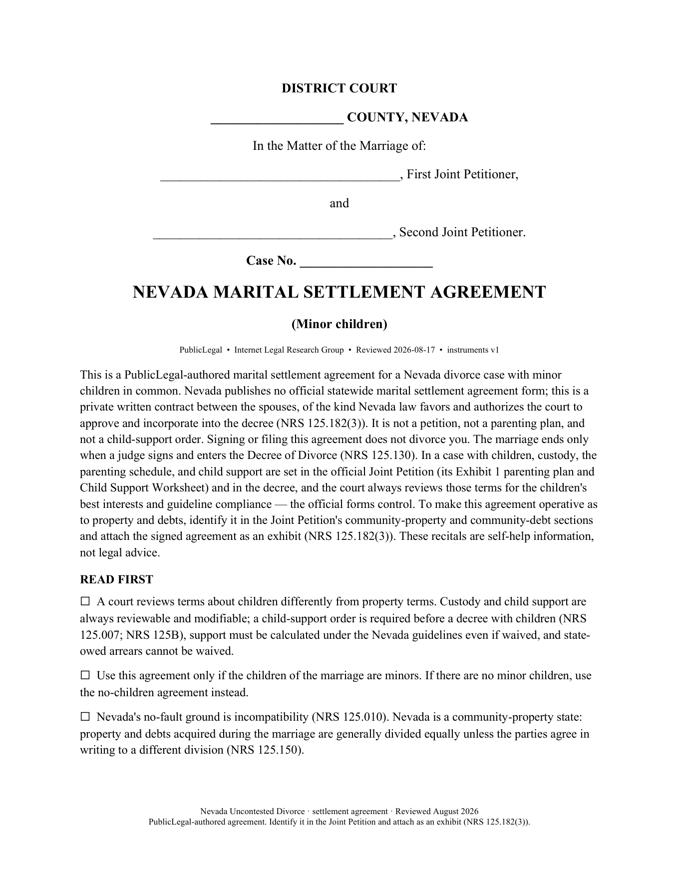 Page 1 of the PublicLegal Nevada Marital Settlement Agreement (Minor Children) included in the download