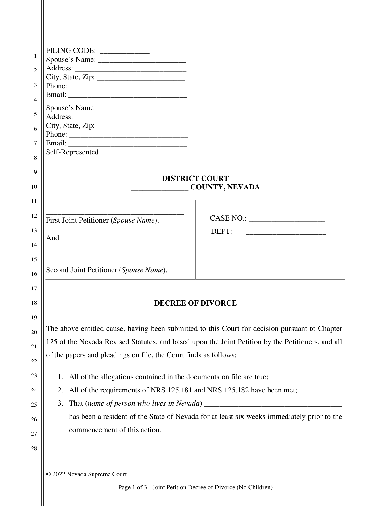 Page 1 of the official Nevada Joint Petition Divorce Decree (No Children) included in the download