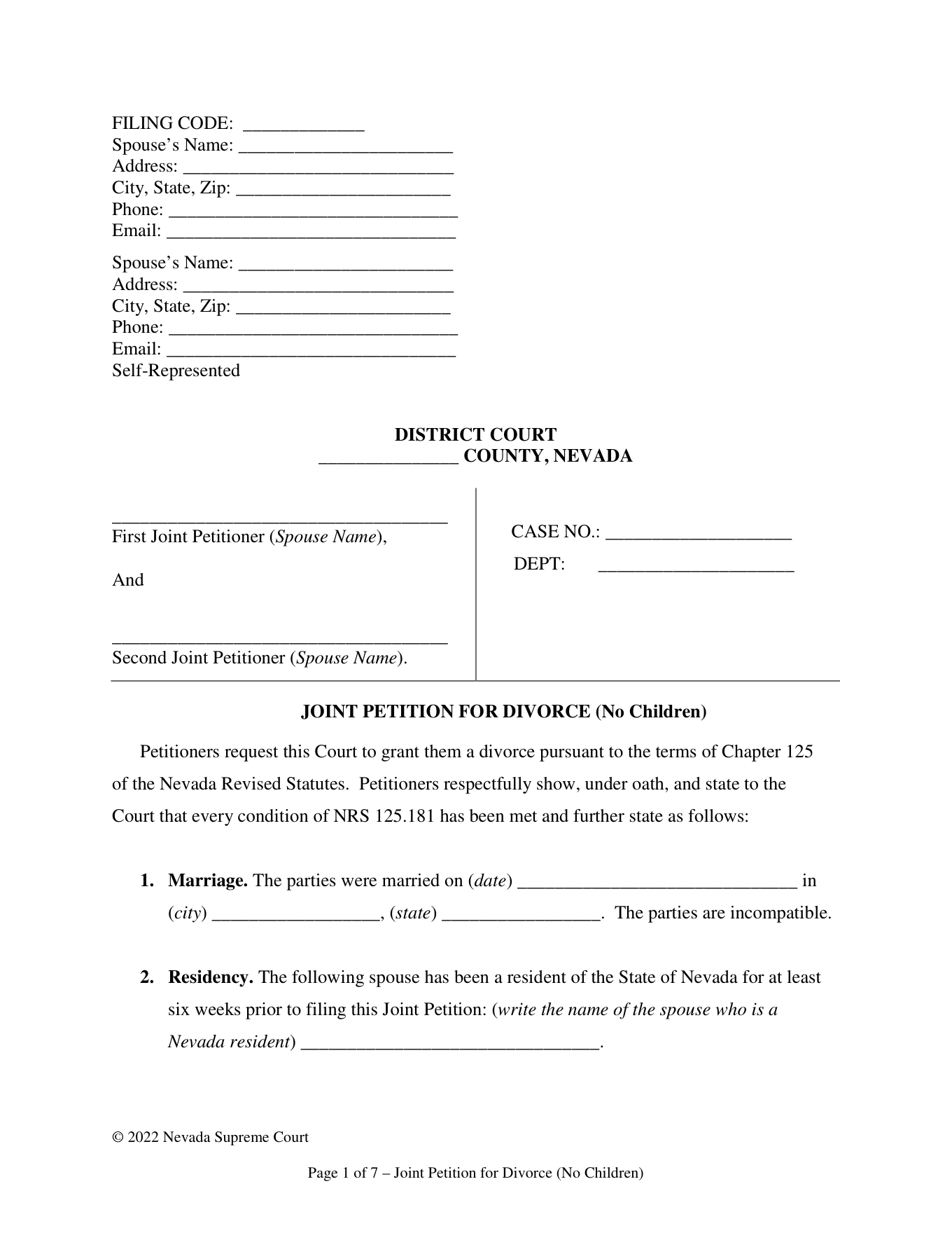 Page 1 of the official Nevada Joint Petition for Divorce (No Children) included in the download