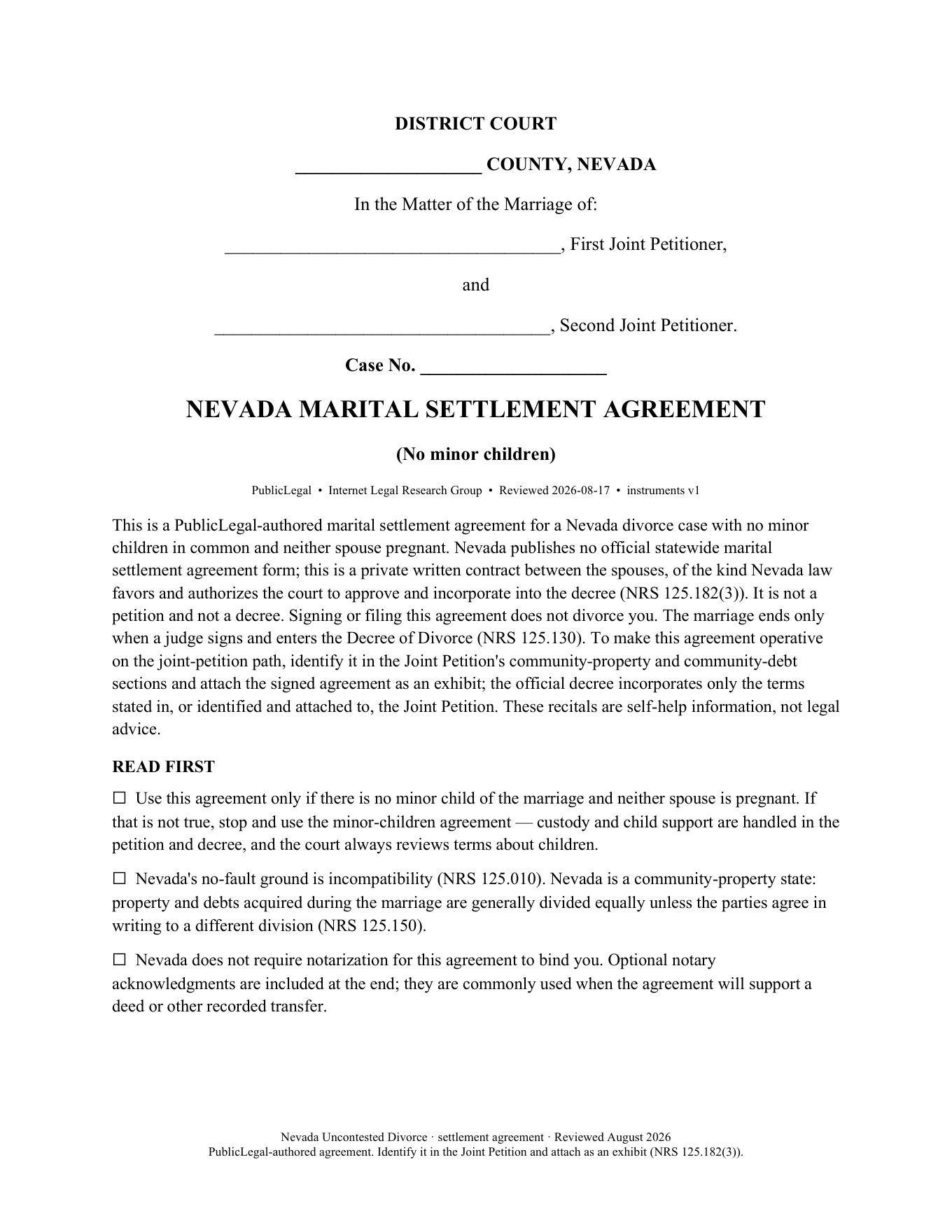 Page 1 of the PublicLegal Nevada Marital Settlement Agreement (No Minor Children) included in the download