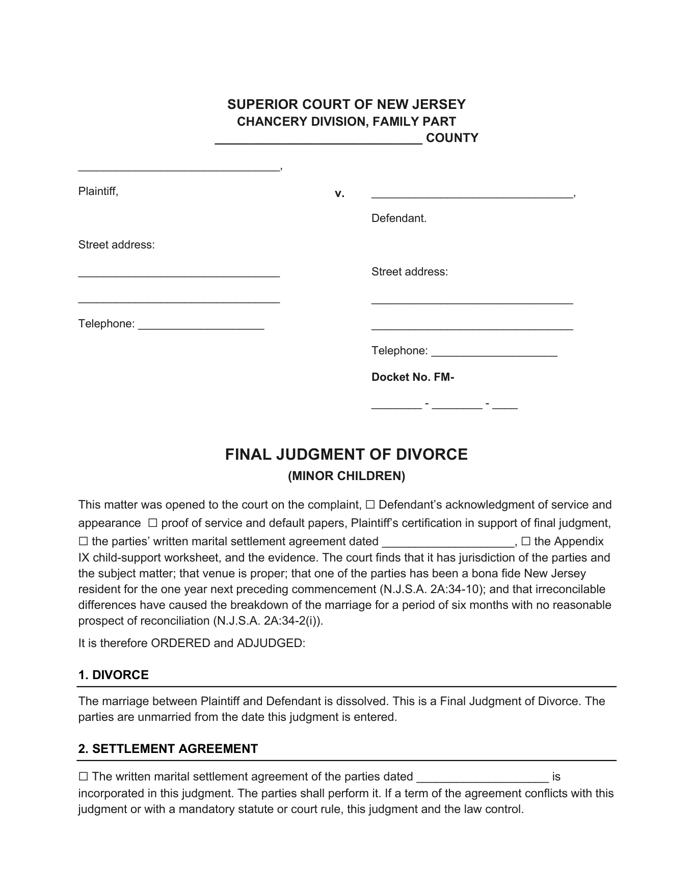 Page 1 of the blank New Jersey Final Judgment of Divorce (Minor Children) included in the download