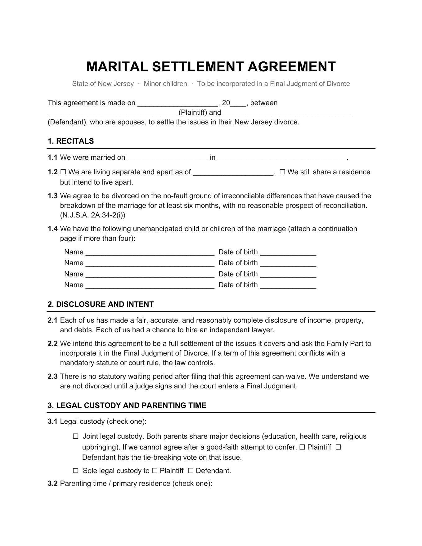 Page 1 of the blank New Jersey Marital Settlement Agreement (Minor Children) included in the download