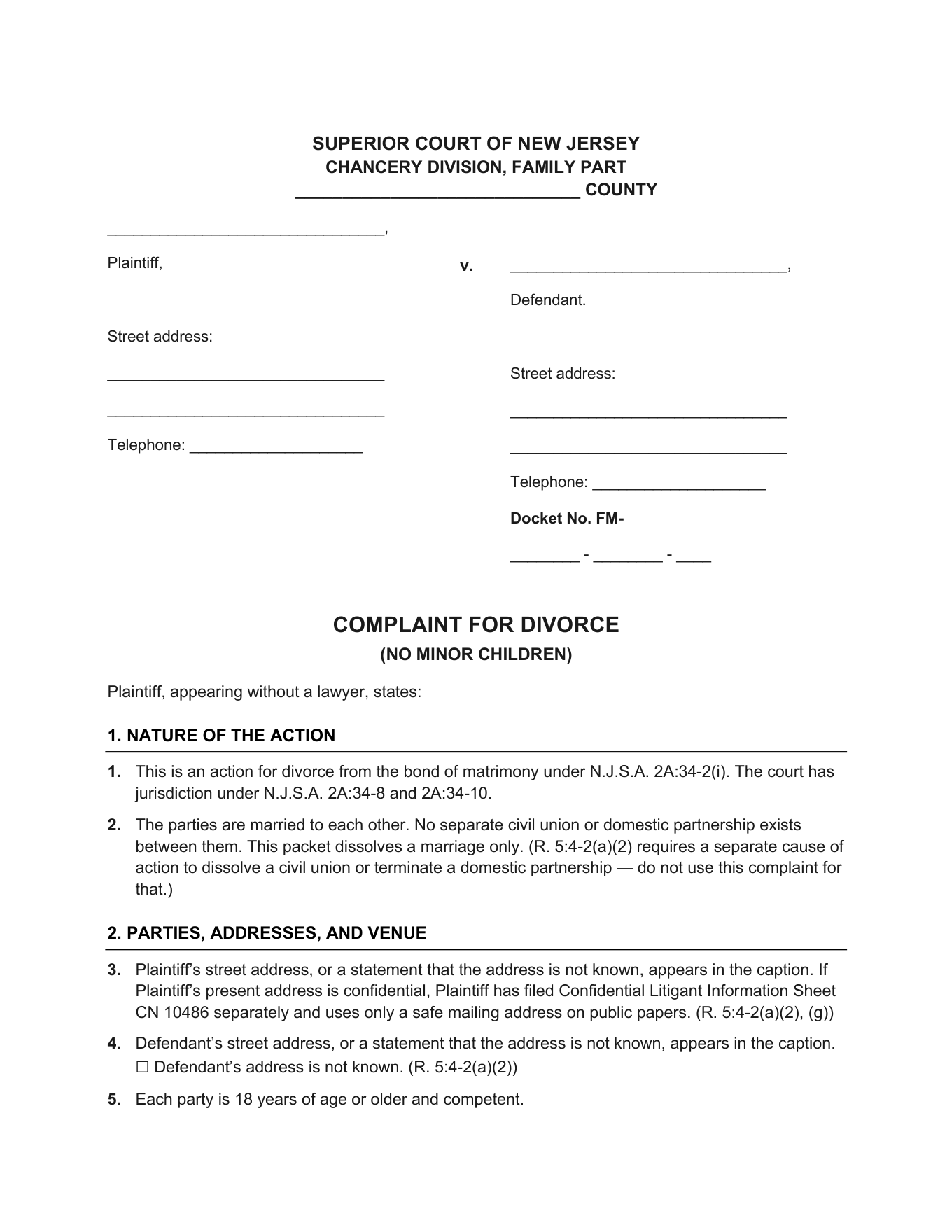 Page 1 of the blank New Jersey Complaint for Divorce (No Minor Children) included in the download