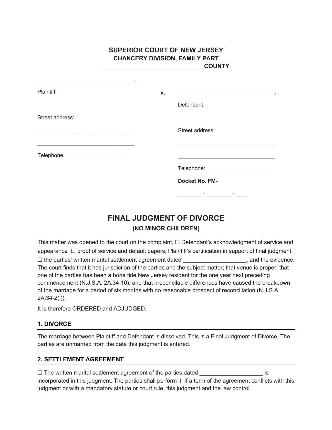 Page 1 of the blank New Jersey Final Judgment of Divorce (No Minor Children) included in the download