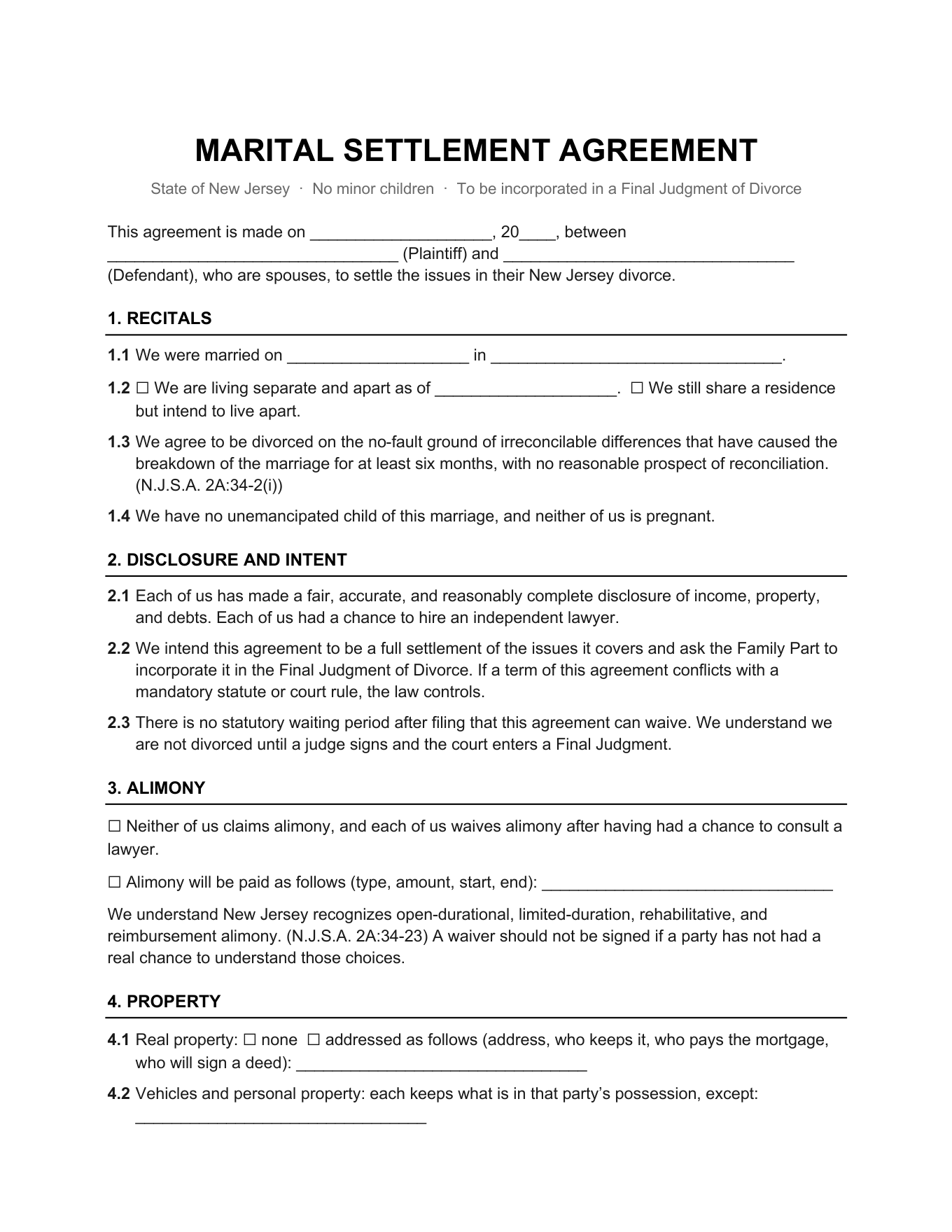 Page 1 of the blank New Jersey Marital Settlement Agreement (No Children) included in the download