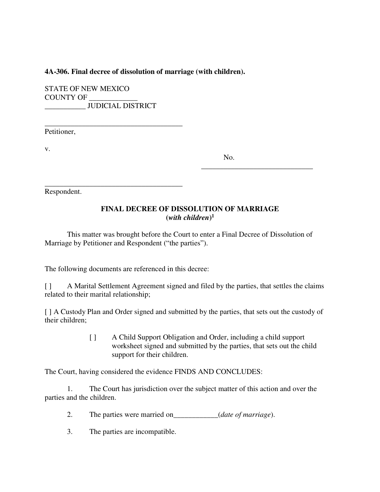Page 1 of the official New Mexico Final Decree of Dissolution (With Children, Form 4A-306) included in the download