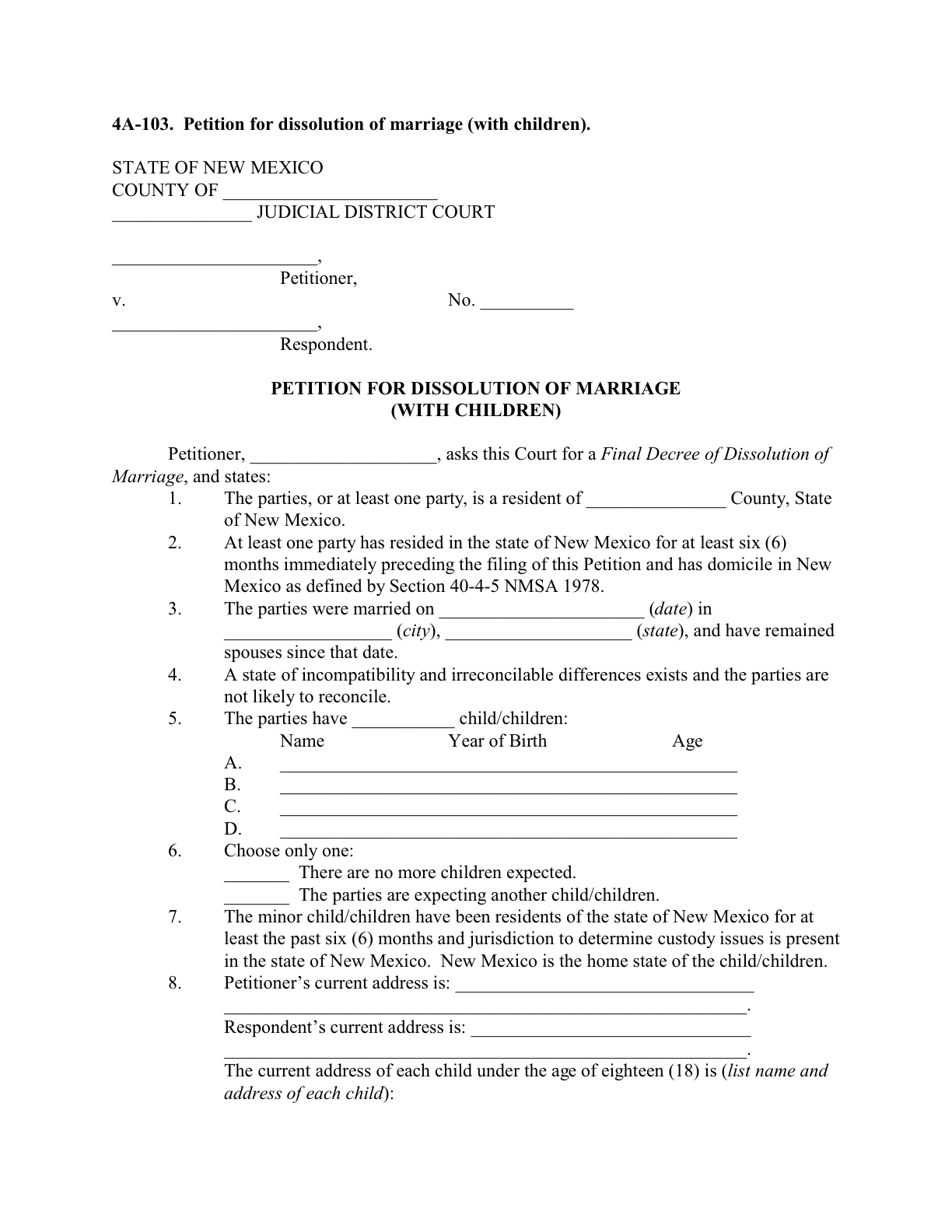 Page 1 of the official New Mexico Petition for Dissolution of Marriage (With Children, Form 4A-103) included in the download
