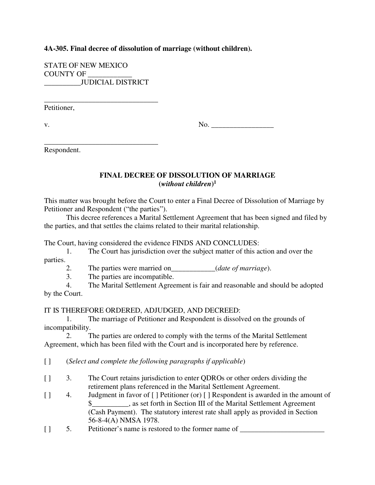 Page 1 of the official New Mexico Final Decree of Dissolution (Without Children, Form 4A-305) included in the download