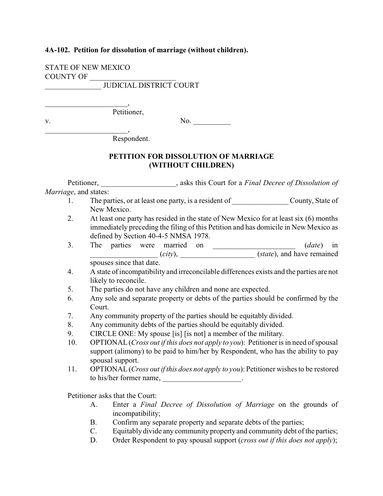 Page 1 of the official New Mexico Petition for Dissolution of Marriage (Without Children, Form 4A-102) included in the download