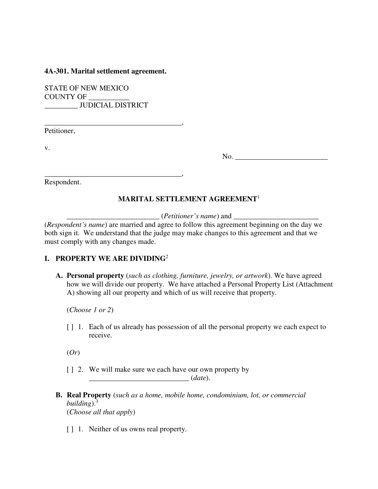 Page 1 of the official New Mexico Marital Settlement Agreement (Form 4A-301) included in the download
