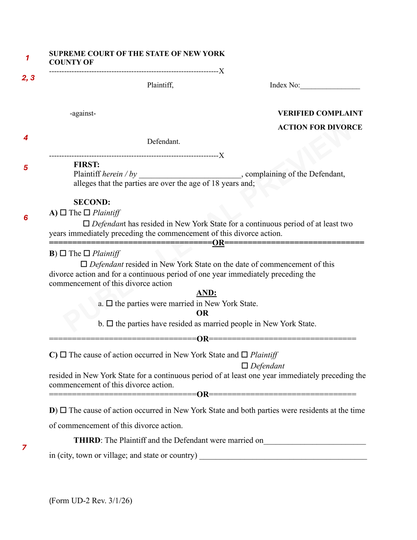 Page 1 of the blank official New York Verified Complaint (UD-2) included in the children download