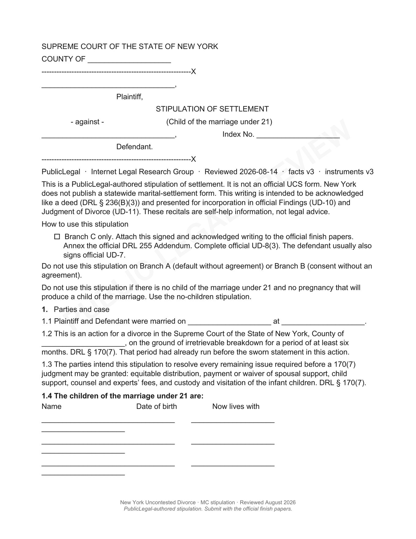 Page 1 of the blank PublicLegal New York children stipulation of settlement included in the download