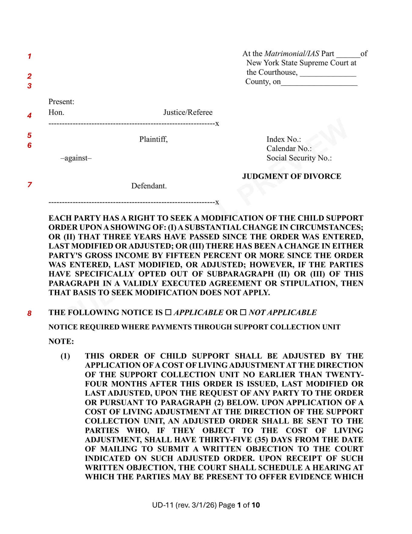 Page 1 of the blank official New York Judgment of Divorce (UD-11) included in the download