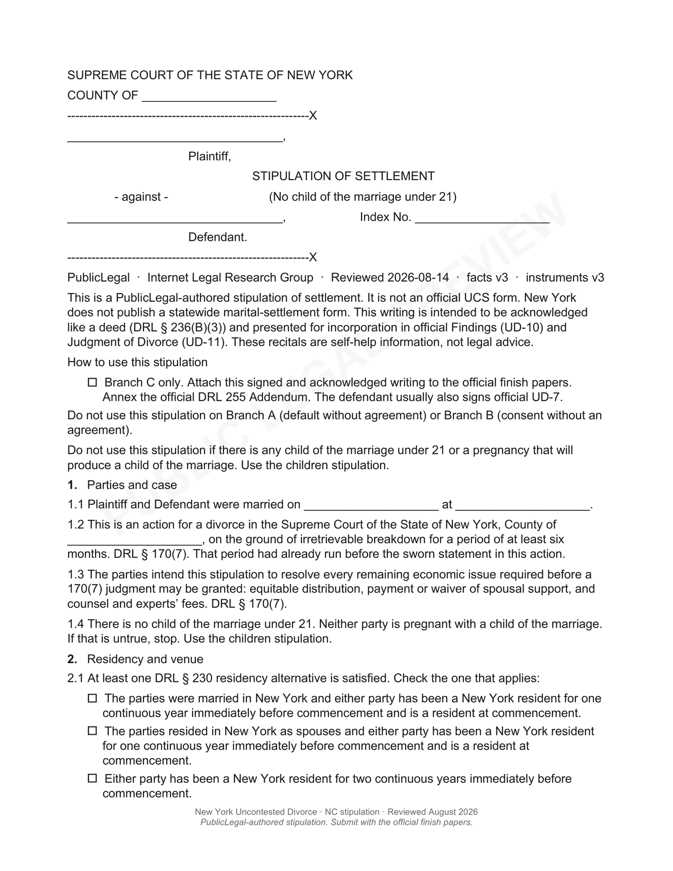 Page 1 of the blank PublicLegal New York no-children stipulation of settlement included in the download