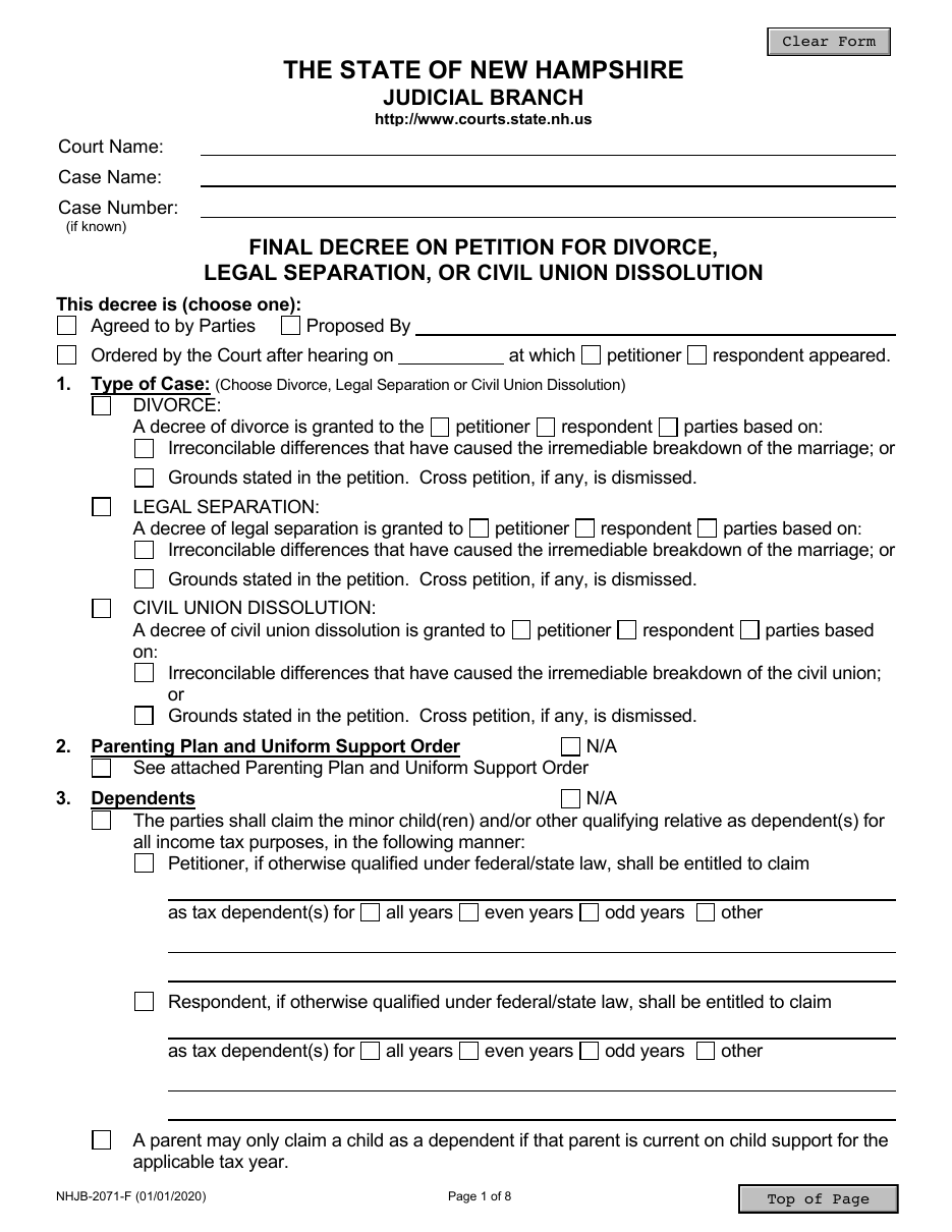 Page 1 of the official New Hampshire Final Decree on Divorce (NHJB-2071-F, minor children) included in the download
