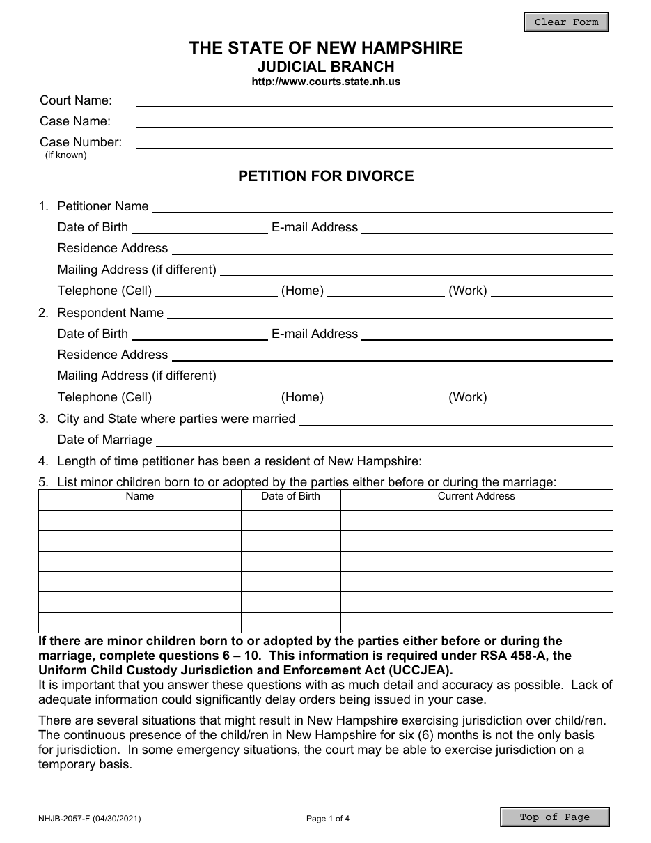 Page 1 of the official New Hampshire Petition for Divorce (NHJB-2057-F, minor children) included in the download