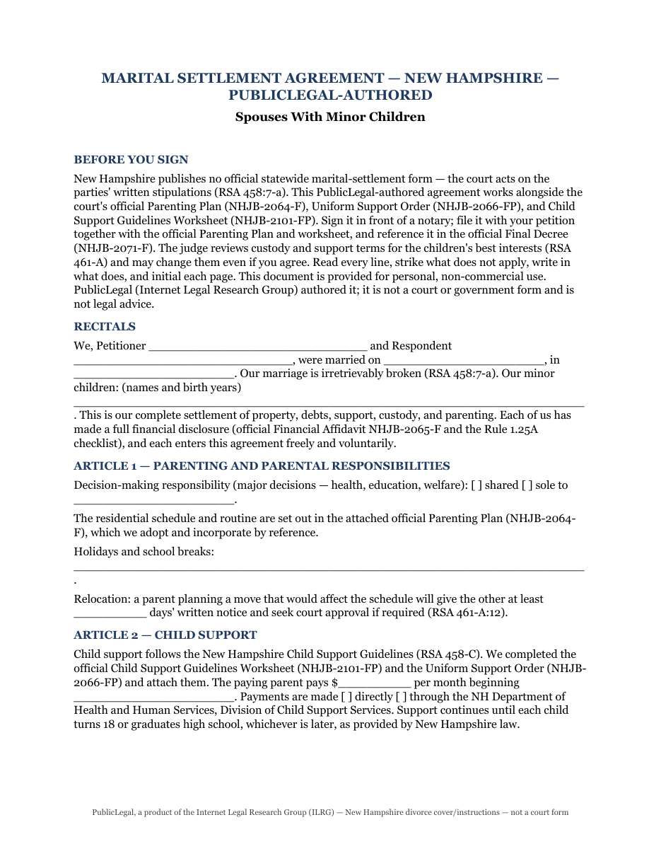 Page 1 of the PublicLegal-authored New Hampshire Marital Settlement Agreement (minor children) included in the download