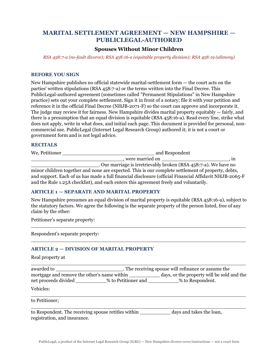 Page 1 of the PublicLegal-authored New Hampshire Marital Settlement Agreement (no children) included in the download
