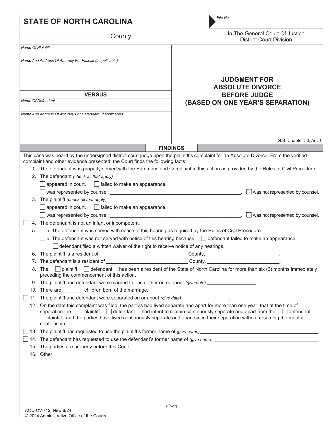 Page 1 of the official AOC-CV-712 Judgment for Absolute Divorce Before Judge (minor-children finding) included in the download