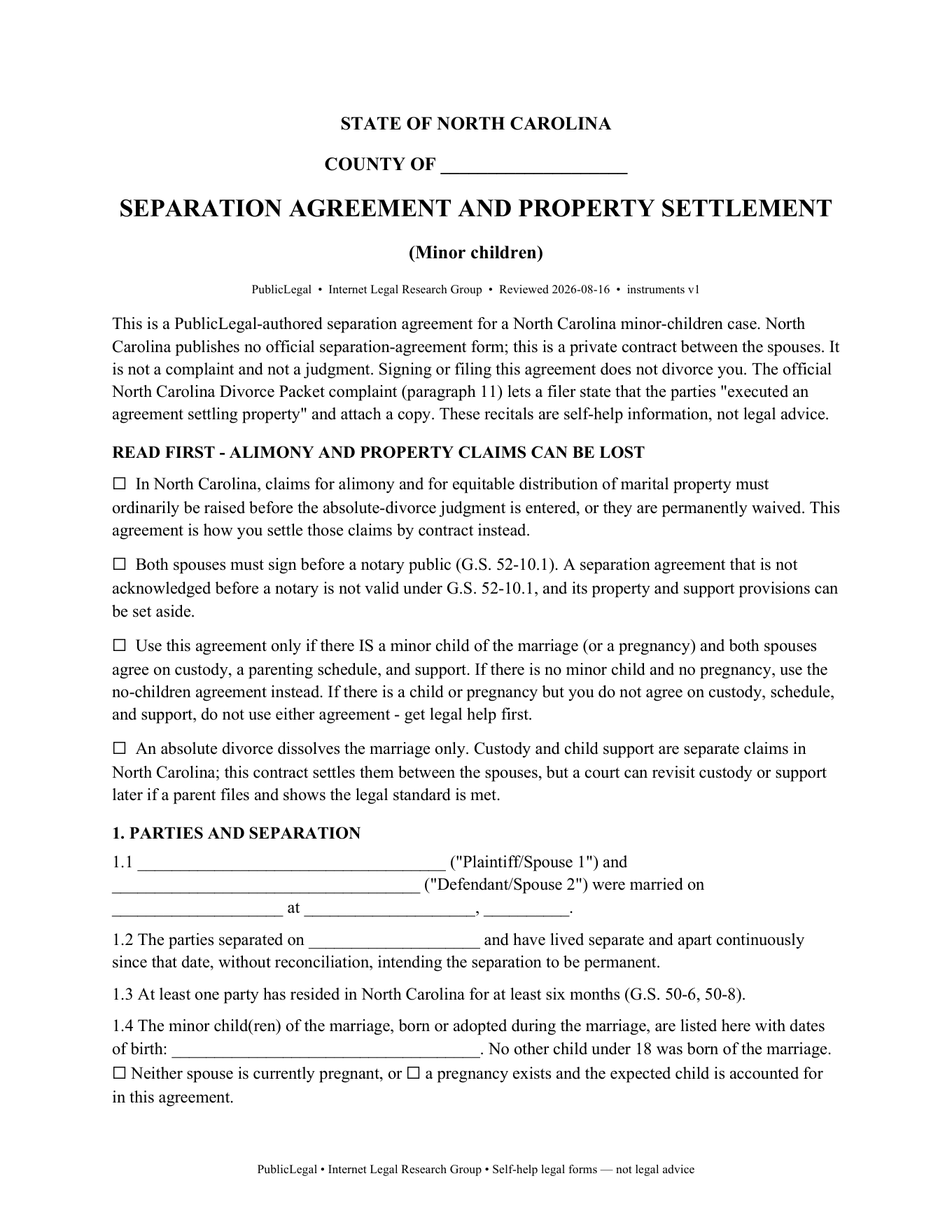 Page 1 of the PublicLegal North Carolina minor-children Separation Agreement and Property Settlement included in the download
