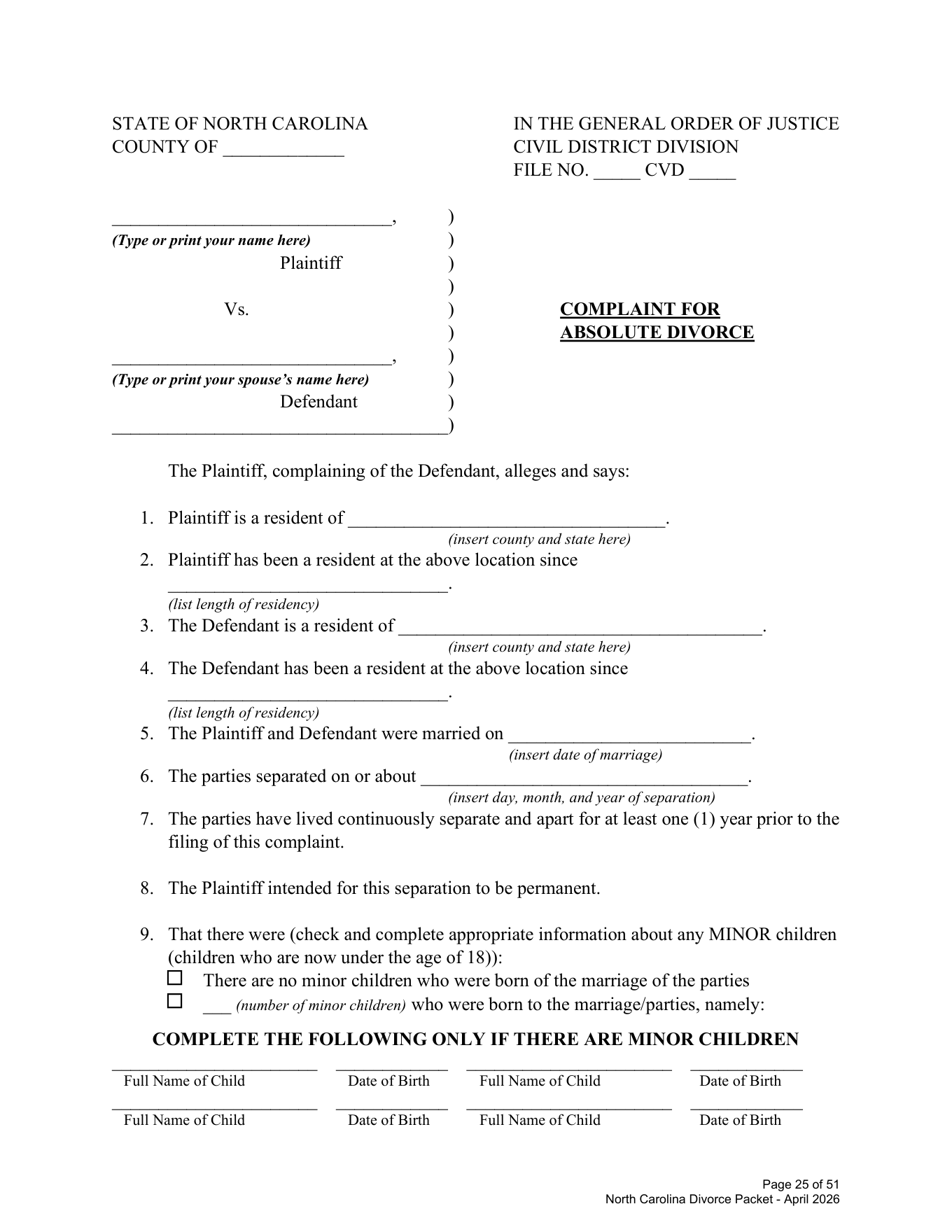 Page 1 of the official North Carolina Complaint for Absolute Divorce included in the download