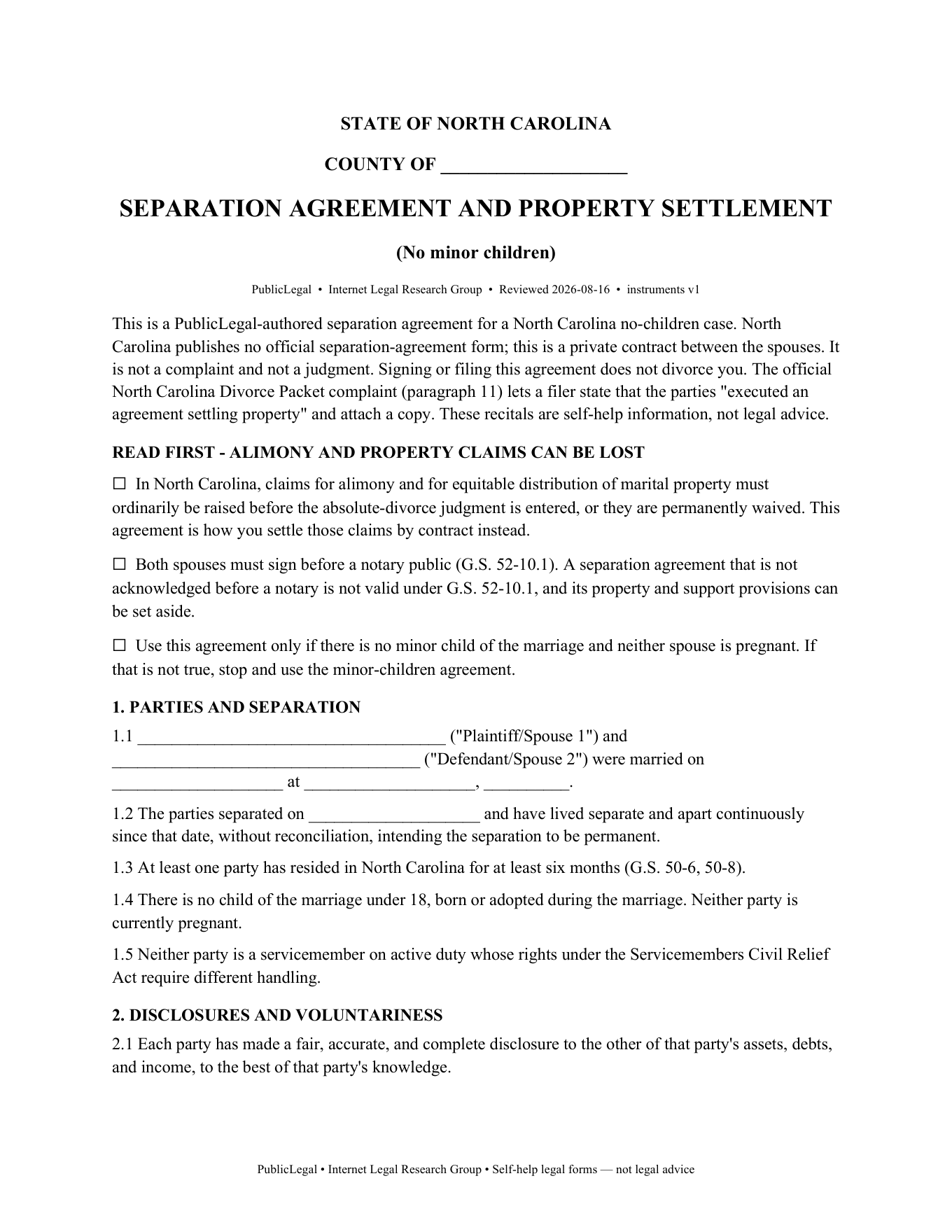 Page 1 of the PublicLegal North Carolina no-children Separation Agreement and Property Settlement included in the download
