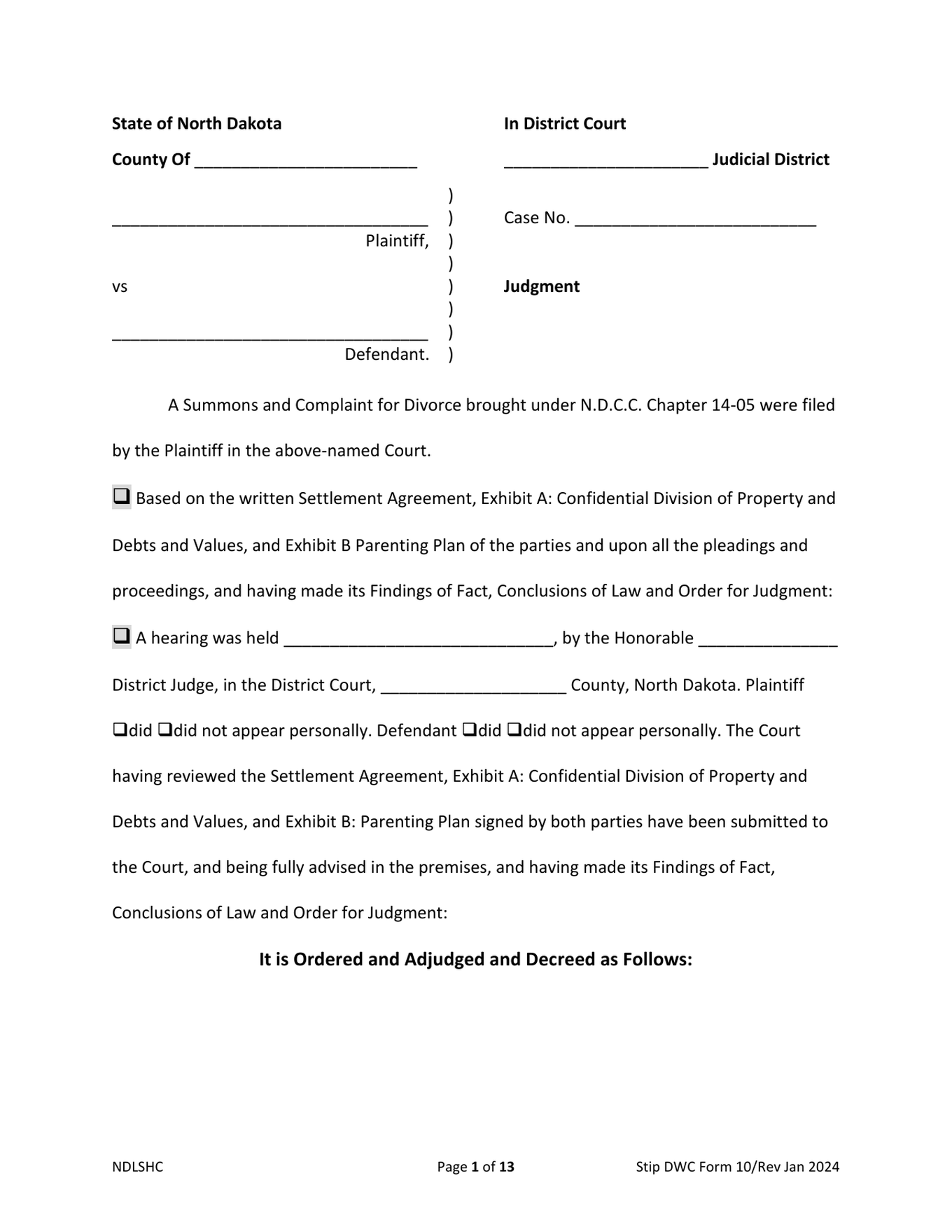 Page 1 of the official North Dakota proposed Judgment with minor children included in the download