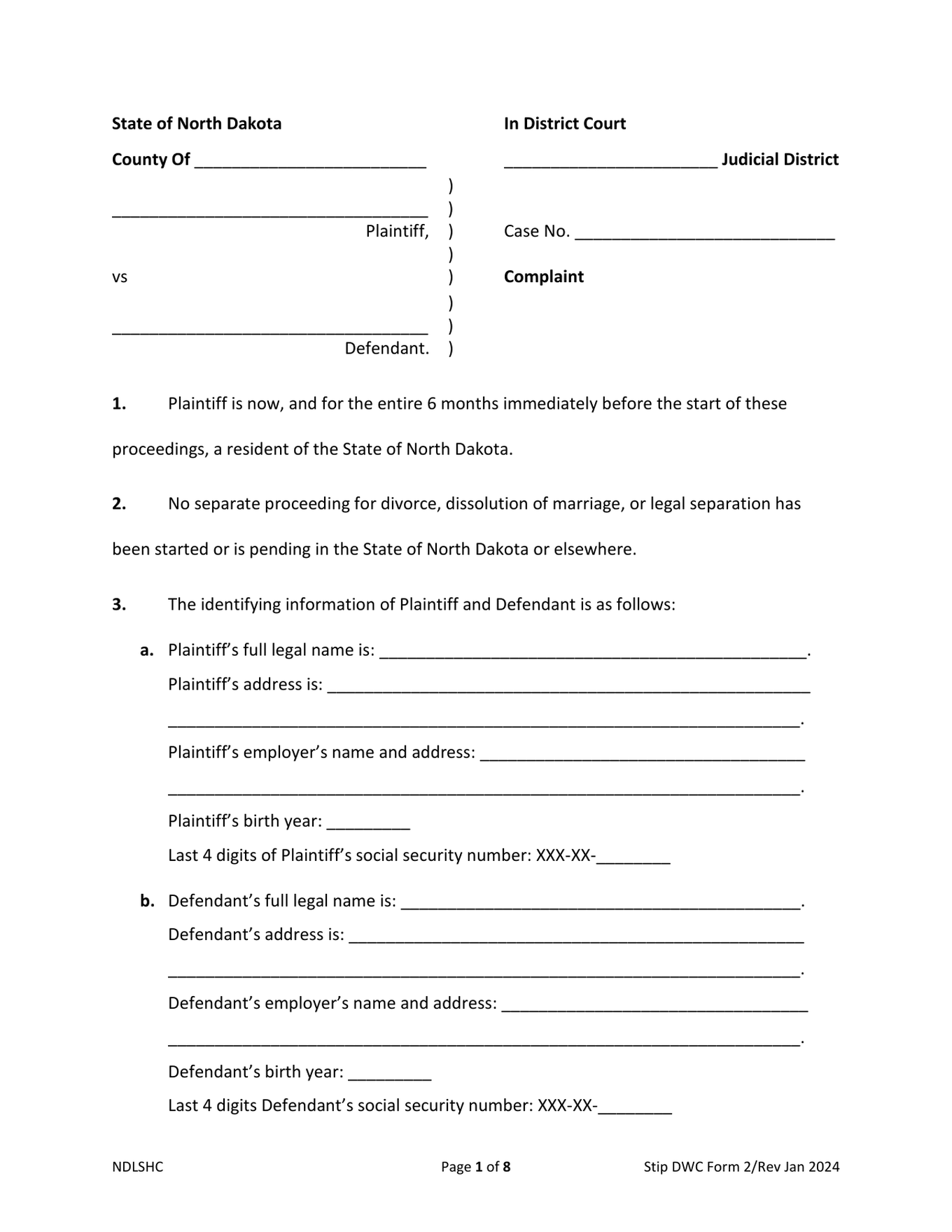 Page 1 of the official North Dakota Complaint for Divorce with minor children included in the download