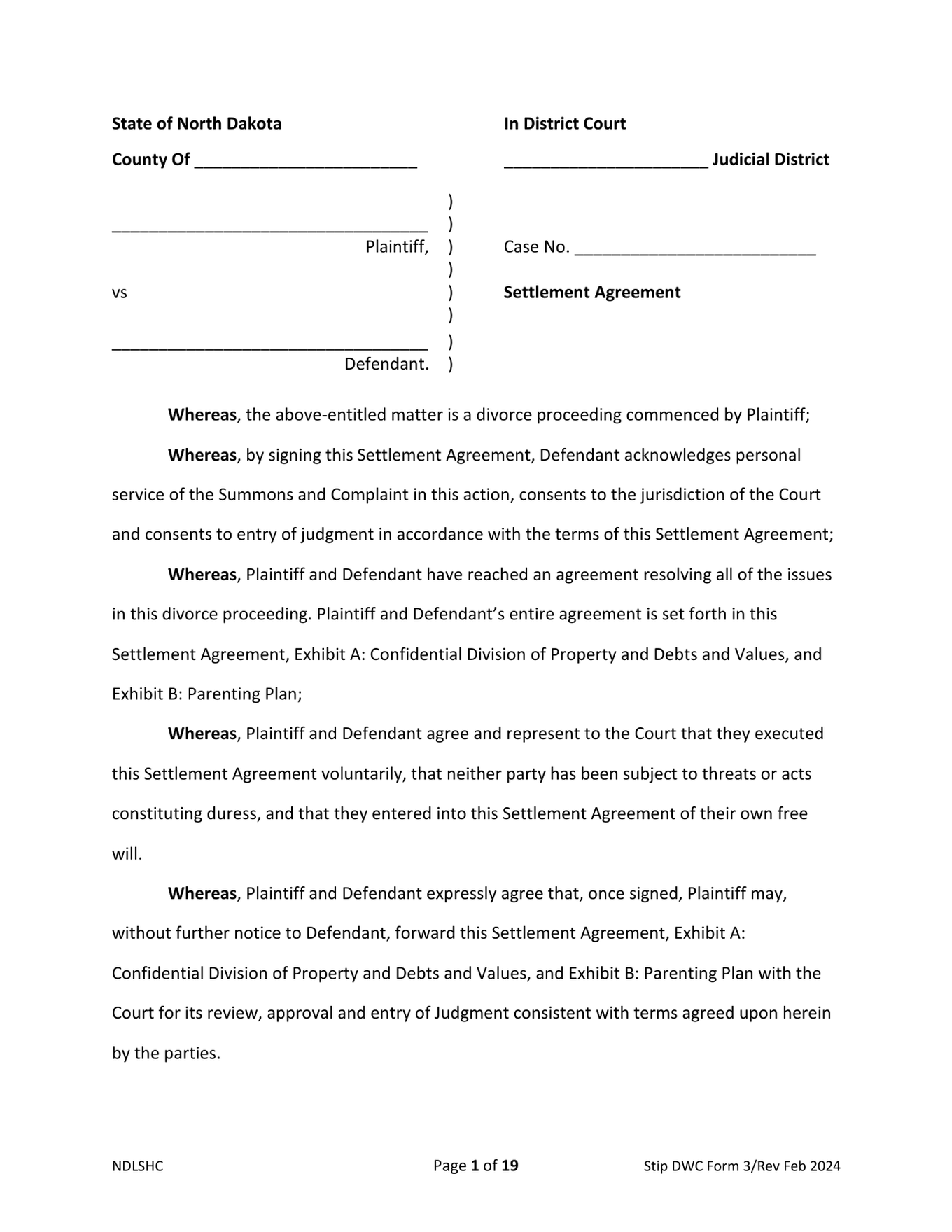 Page 1 of the official North Dakota Settlement Agreement with minor children included in the download