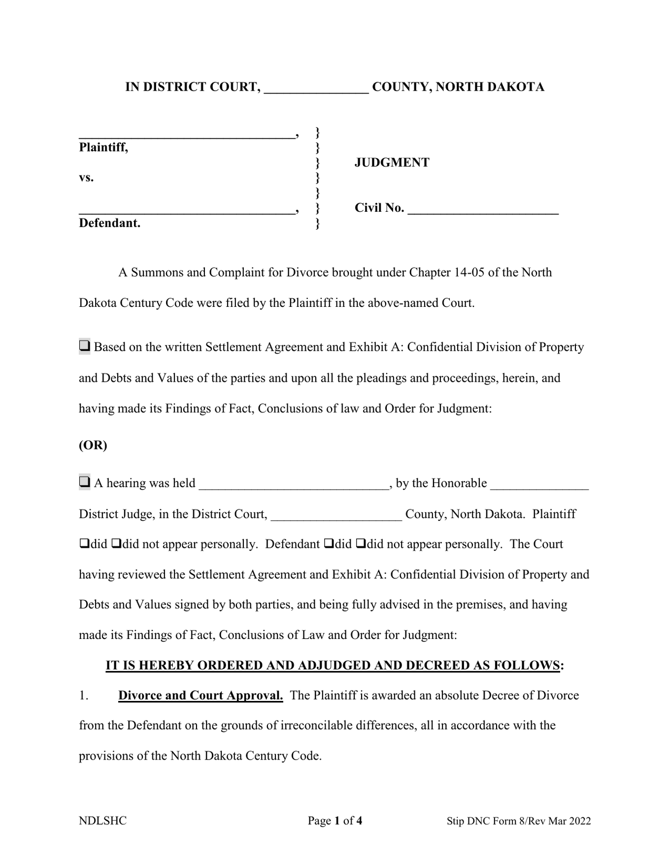 Page 1 of the official North Dakota proposed Judgment without minor children included in the download