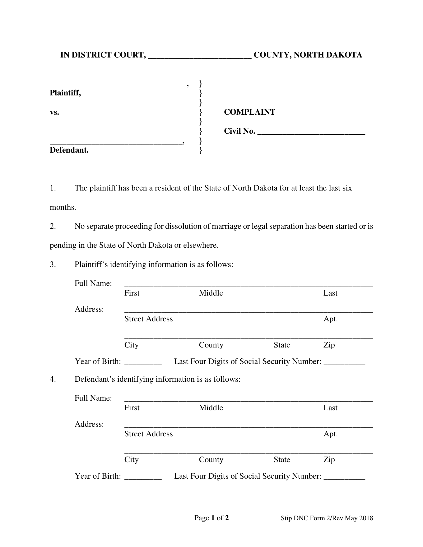 Page 1 of the official North Dakota Complaint for Divorce without minor children included in the download