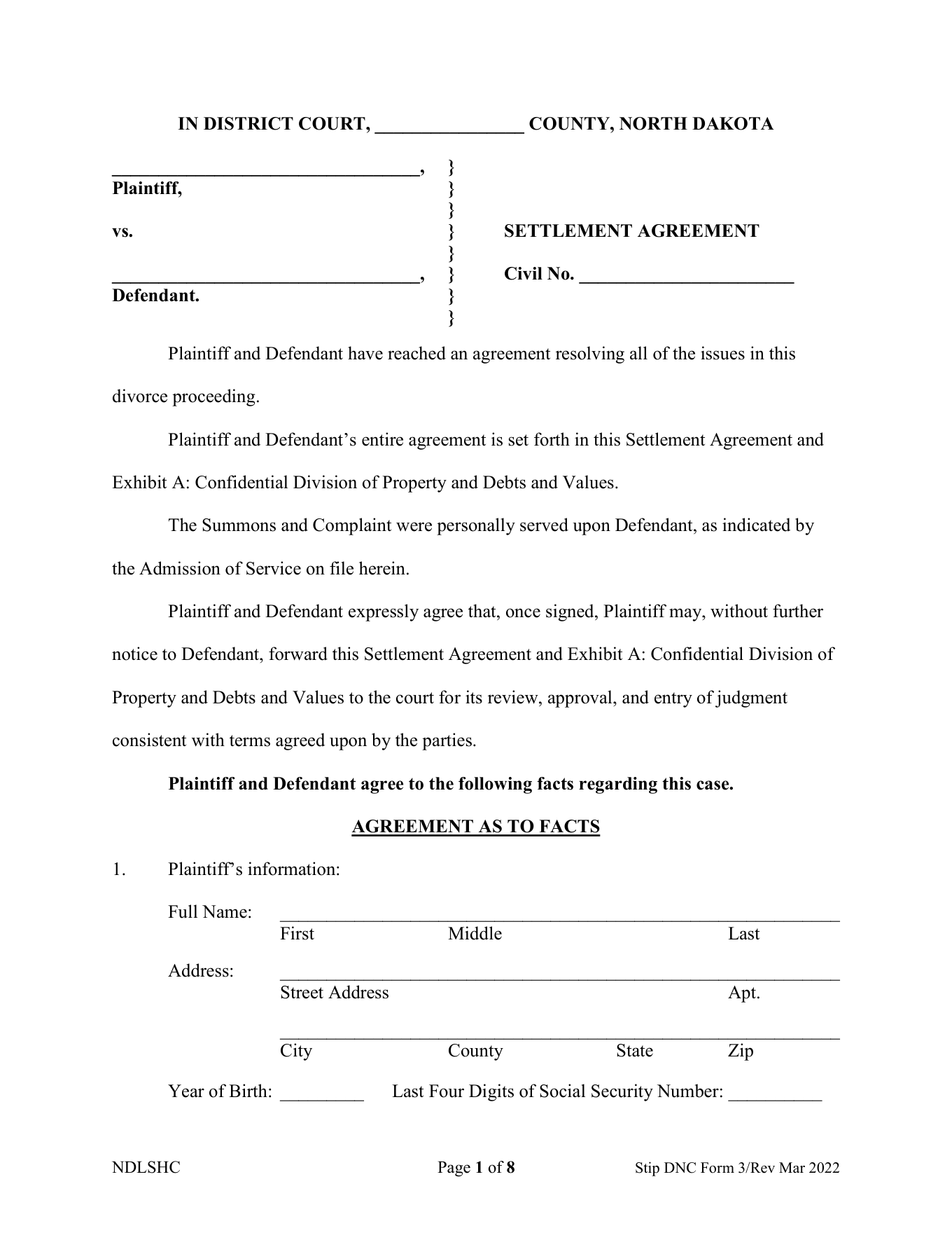 Page 1 of the official North Dakota Settlement Agreement without minor children included in the download