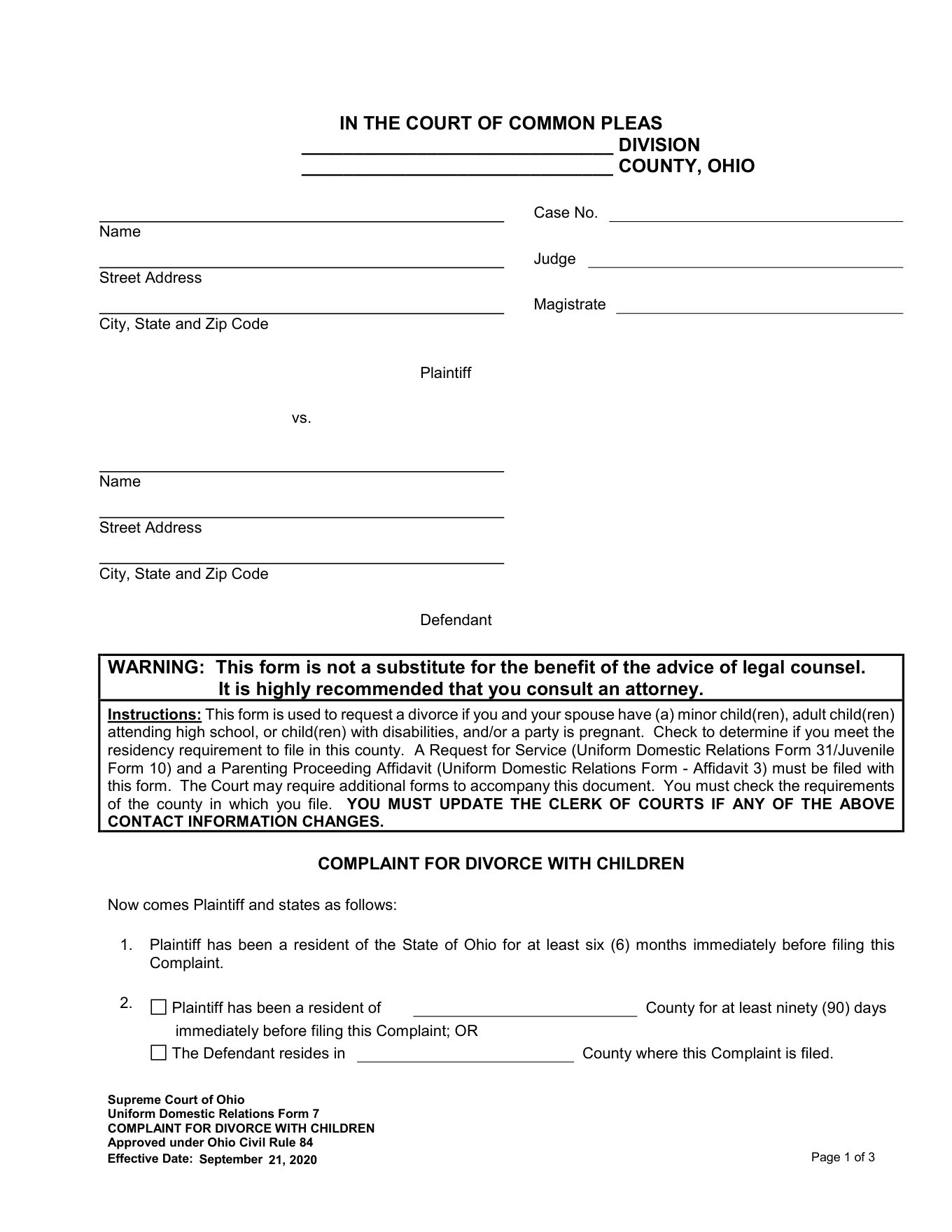 Page 1 of the official Ohio Uniform DR Form 7 Complaint for Divorce With Children included in the download