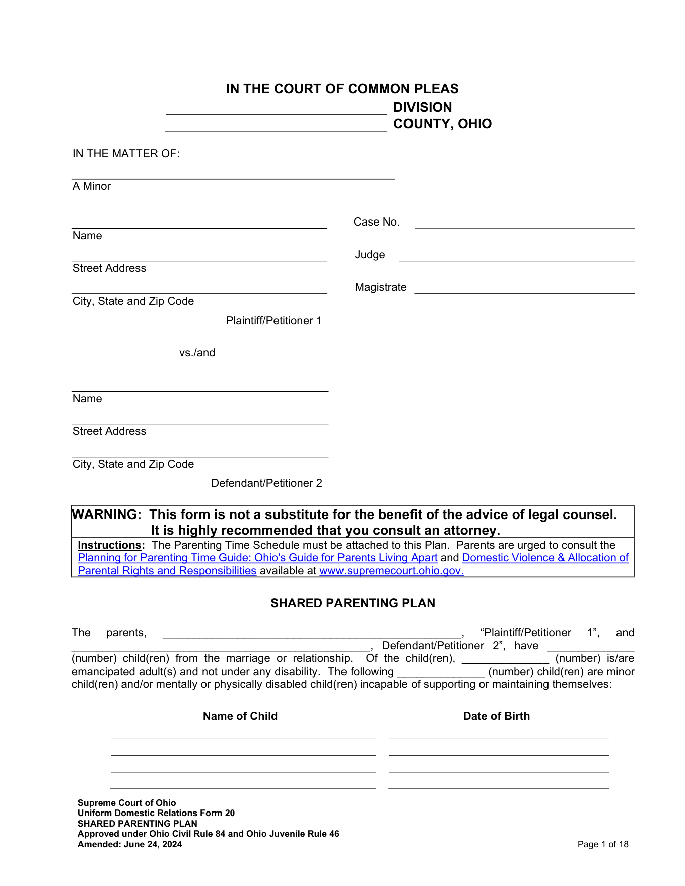 Page 1 of the official Ohio Uniform DR Form 20 Shared Parenting Plan included in the download
