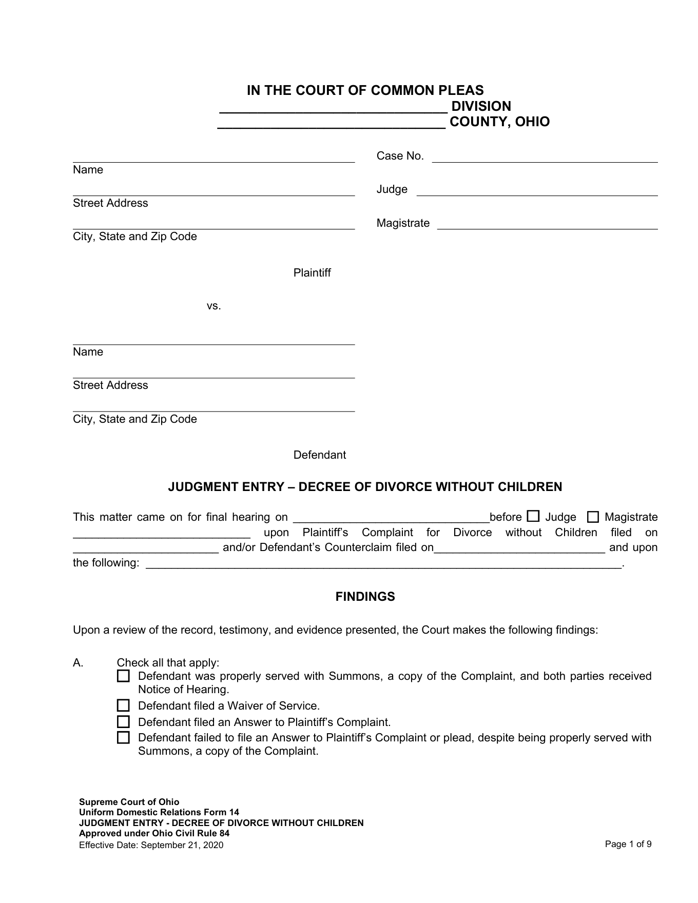Page 1 of the official Ohio Uniform DR Form 14 Judgment Entry - Decree of Divorce Without Children included in the download