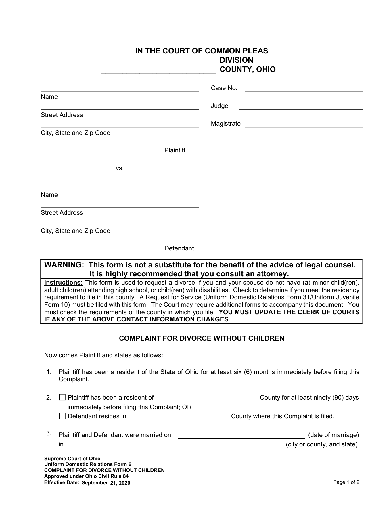 Page 1 of the official Ohio Uniform DR Form 6 Complaint for Divorce Without Children included in the download