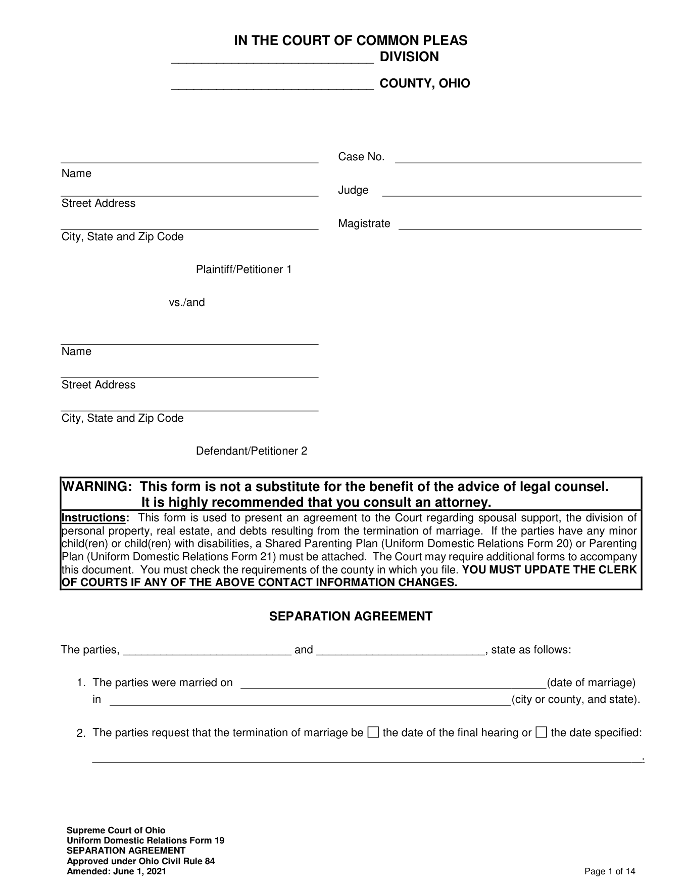 Page 1 of the official Ohio Uniform DR Form 19 Separation Agreement included in the download