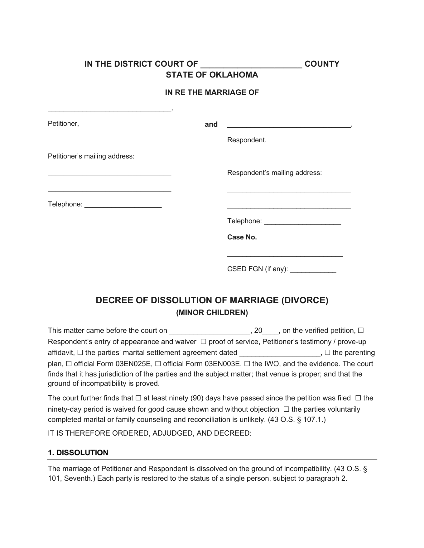 Page 1 of the blank Oklahoma Decree of Dissolution of Marriage (Minor Children) included in the download
